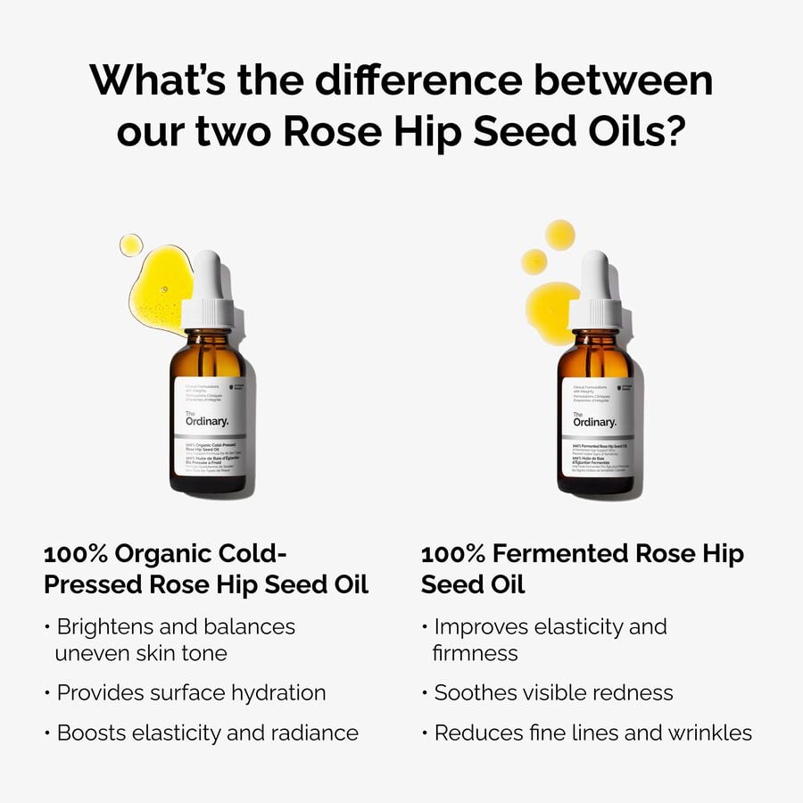 Compare our 100% Fermented Rose Hip Seed Oil  and 100% Organic Cold-Pressed Rose Hip Seed Oil