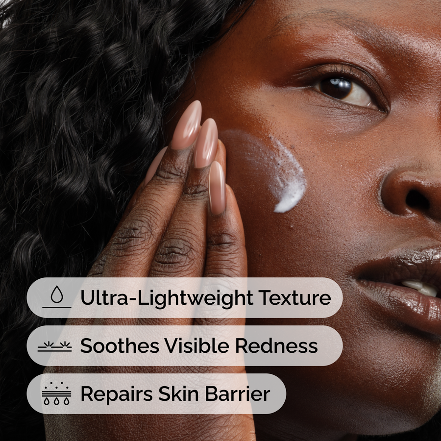 Close-up of a model applying Rice Lipids + Ectoin Microemulsion. Text overlays highlight its ultra-lightweight texture, ability to soothe visible redness, and repair the skin barrier.