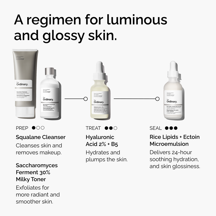 A regimen for luminous skin. Prep: Squalane Cleanser and Saccharomyces Ferment 30% Milky Toner. Treat: Hyaluronic Acid 2% + B5. Seal: Rice Lipids + Ectoin Microemulsion for 24-hour hydration and gloss.