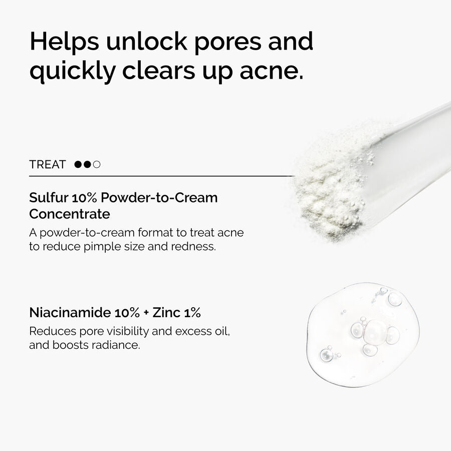 Infographic showing how the set unlocks pores and clears acne. Details Sulfur 10% to reduce pimple size and redness next to a powder swatch, and Niacinamide 10% + Zinc 1% to reduce pore visibility, excess oil, and boost radiance.
