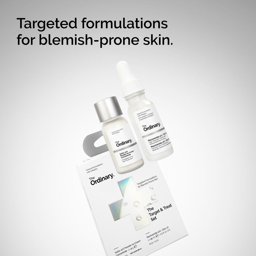 An angled studio shot of The Ordinary Target & Treat Set box and blemish treatments against a gradient backdrop. Overhead text reads: Targeted formulations for blemish-prone skin.