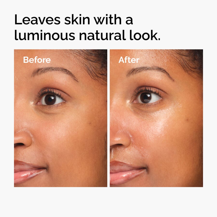 Before and after application of a skincare product formulated without white cast on medium-toned skin.